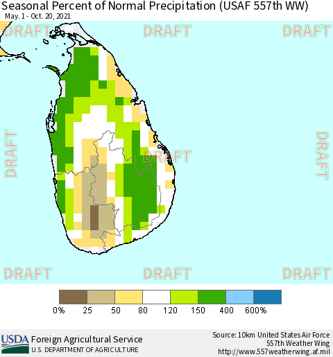 Sri Lanka Seasonal Percent of Normal Precipitation (USAF 557th WW) Thematic Map For 5/1/2021 - 10/20/2021