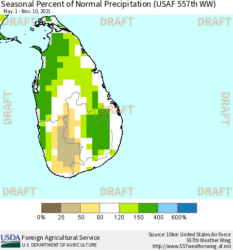Sri Lanka Seasonal Percent of Normal Precipitation (USAF 557th WW) Thematic Map For 5/1/2021 - 11/10/2021