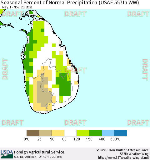 Sri Lanka Seasonal Percent of Normal Precipitation (USAF 557th WW) Thematic Map For 5/1/2021 - 11/20/2021