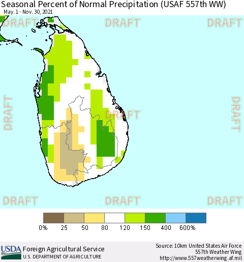 Sri Lanka Seasonal Percent of Normal Precipitation (USAF 557th WW) Thematic Map For 5/1/2021 - 11/30/2021