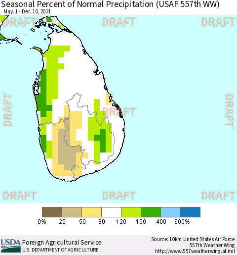 Sri Lanka Seasonal Percent of Normal Precipitation (USAF 557th WW) Thematic Map For 5/1/2021 - 12/10/2021