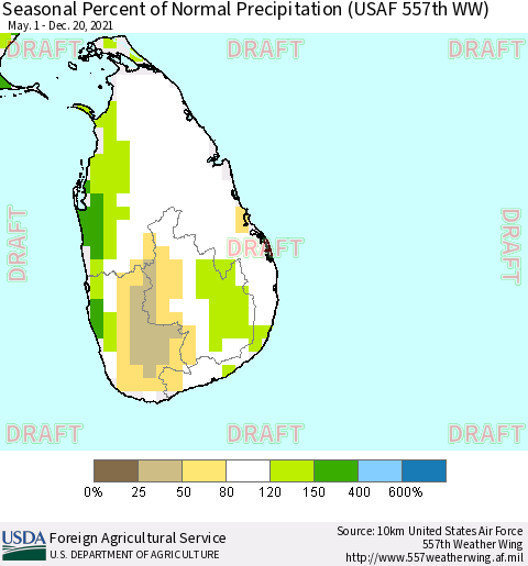 Sri Lanka Seasonal Percent of Normal Precipitation (USAF 557th WW) Thematic Map For 5/1/2021 - 12/20/2021