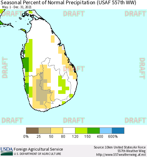 Sri Lanka Seasonal Percent of Normal Precipitation (USAF 557th WW) Thematic Map For 5/1/2021 - 12/31/2021