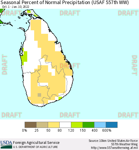 Sri Lanka Seasonal Percent of Normal Precipitation (USAF 557th WW) Thematic Map For 10/1/2021 - 1/10/2022