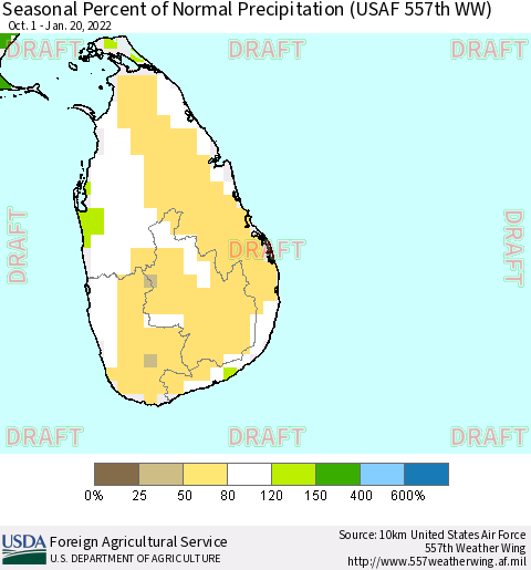 Sri Lanka Seasonal Percent of Normal Precipitation (USAF 557th WW) Thematic Map For 10/1/2021 - 1/20/2022