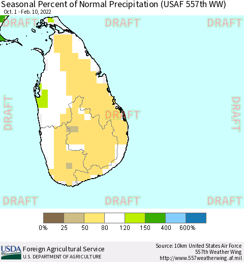 Sri Lanka Seasonal Percent of Normal Precipitation (USAF 557th WW) Thematic Map For 10/1/2021 - 2/10/2022
