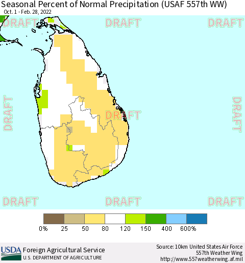Sri Lanka Seasonal Percent of Normal Precipitation (USAF 557th WW) Thematic Map For 10/1/2021 - 2/28/2022