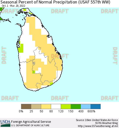 Sri Lanka Seasonal Percent of Normal Precipitation (USAF 557th WW) Thematic Map For 10/1/2021 - 3/20/2022
