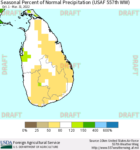 Sri Lanka Seasonal Percent of Normal Precipitation (USAF 557th WW) Thematic Map For 10/1/2021 - 3/31/2022