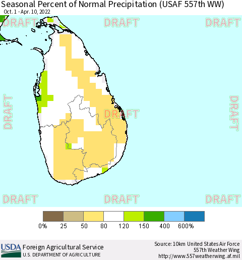 Sri Lanka Seasonal Percent of Normal Precipitation (USAF 557th WW) Thematic Map For 10/1/2021 - 4/10/2022