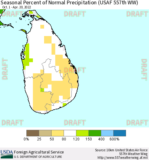 Sri Lanka Seasonal Percent of Normal Precipitation (USAF 557th WW) Thematic Map For 10/1/2021 - 4/20/2022