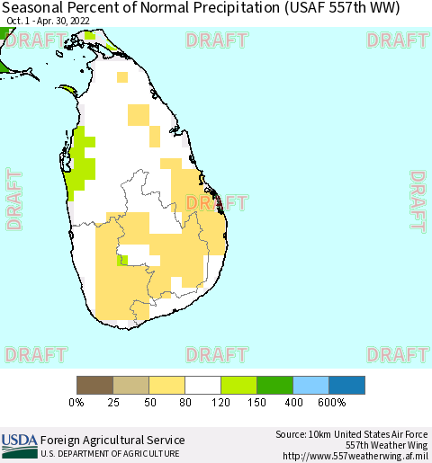 Sri Lanka Seasonal Percent of Normal Precipitation (USAF 557th WW) Thematic Map For 10/1/2021 - 4/30/2022