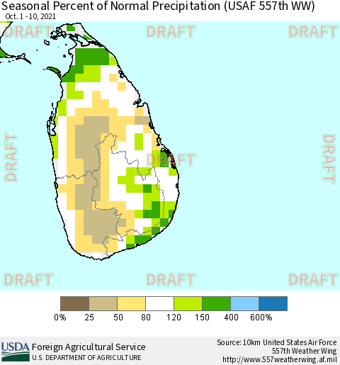 Sri Lanka Seasonal Percent of Normal Precipitation (USAF 557th WW) Thematic Map For 10/1/2021 - 10/10/2021