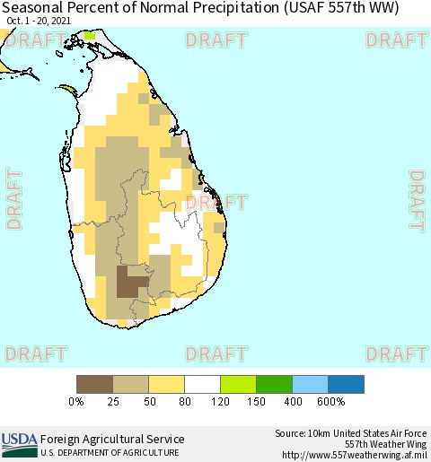 Sri Lanka Seasonal Percent of Normal Precipitation (USAF 557th WW) Thematic Map For 10/1/2021 - 10/20/2021