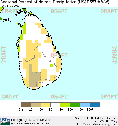 Sri Lanka Seasonal Percent of Normal Precipitation (USAF 557th WW) Thematic Map For 10/1/2021 - 10/31/2021