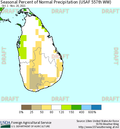 Sri Lanka Seasonal Percent of Normal Precipitation (USAF 557th WW) Thematic Map For 10/1/2021 - 11/20/2021