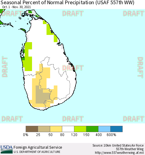Sri Lanka Seasonal Percent of Normal Precipitation (USAF 557th WW) Thematic Map For 10/1/2021 - 11/30/2021