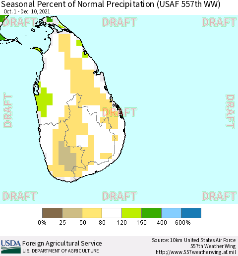 Sri Lanka Seasonal Percent of Normal Precipitation (USAF 557th WW) Thematic Map For 10/1/2021 - 12/10/2021