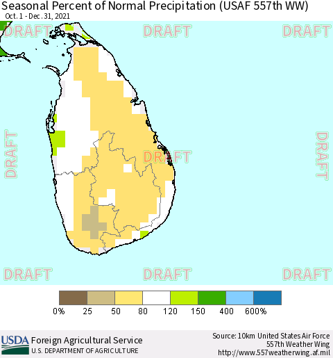 Sri Lanka Seasonal Percent of Normal Precipitation (USAF 557th WW) Thematic Map For 10/1/2021 - 12/31/2021