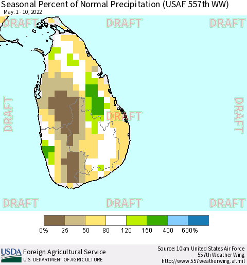 Sri Lanka Seasonal Percent of Normal Precipitation (USAF 557th WW) Thematic Map For 5/1/2022 - 5/10/2022