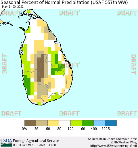 Sri Lanka Seasonal Percent of Normal Precipitation (USAF 557th WW) Thematic Map For 5/1/2022 - 5/20/2022