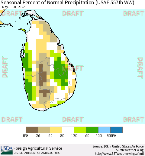 Sri Lanka Seasonal Percent of Normal Precipitation (USAF 557th WW) Thematic Map For 5/1/2022 - 5/31/2022
