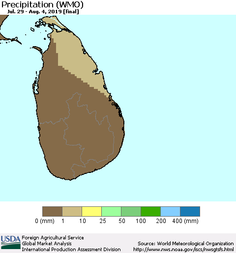 Sri Lanka Precipitation (WMO) Thematic Map For 7/29/2019 - 8/4/2019
