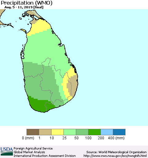 Sri Lanka Precipitation (WMO) Thematic Map For 8/5/2019 - 8/11/2019