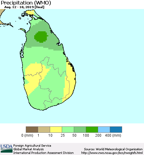 Sri Lanka Precipitation (WMO) Thematic Map For 8/12/2019 - 8/18/2019
