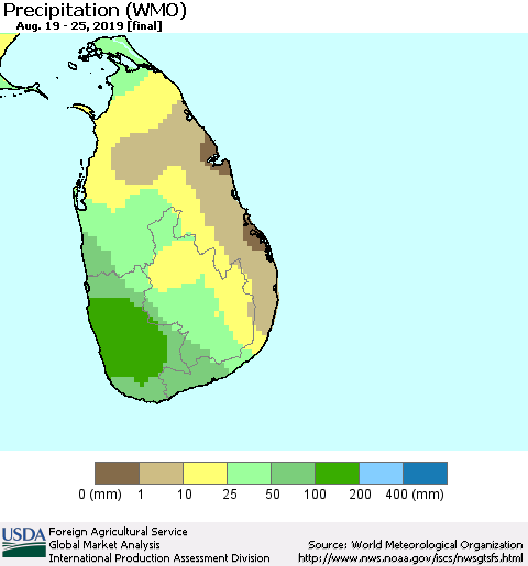 Sri Lanka Precipitation (WMO) Thematic Map For 8/19/2019 - 8/25/2019