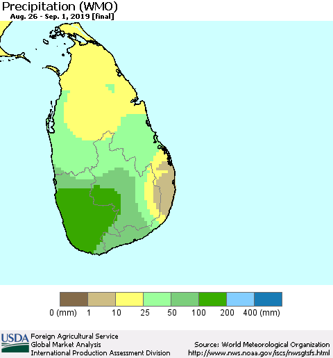 Sri Lanka Precipitation (WMO) Thematic Map For 8/26/2019 - 9/1/2019