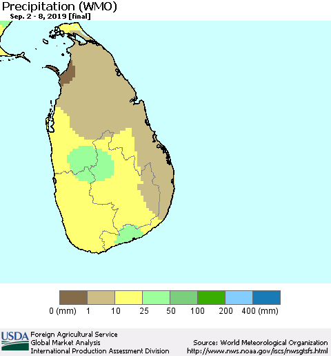 Sri Lanka Precipitation (WMO) Thematic Map For 9/2/2019 - 9/8/2019