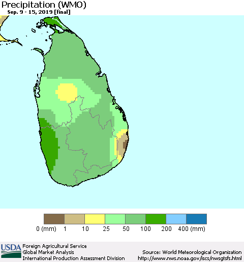 Sri Lanka Precipitation (WMO) Thematic Map For 9/9/2019 - 9/15/2019