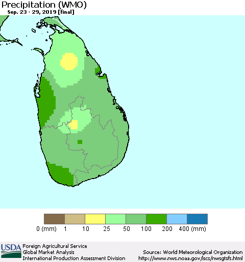 Sri Lanka Precipitation (WMO) Thematic Map For 9/23/2019 - 9/29/2019
