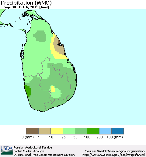 Sri Lanka Precipitation (WMO) Thematic Map For 9/30/2019 - 10/6/2019
