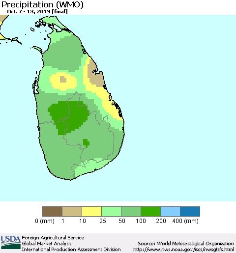 Sri Lanka Precipitation (WMO) Thematic Map For 10/7/2019 - 10/13/2019