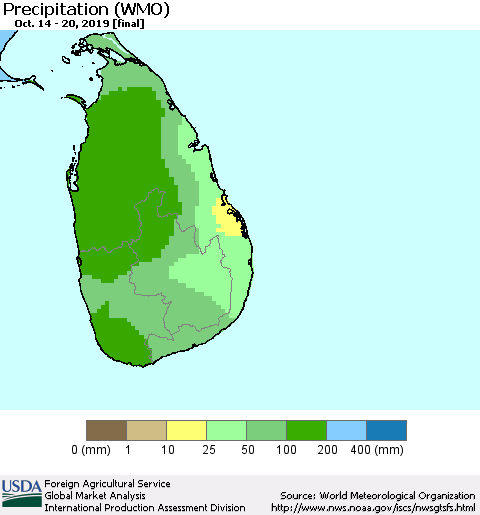 Sri Lanka Precipitation (WMO) Thematic Map For 10/14/2019 - 10/20/2019