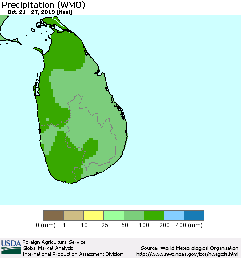 Sri Lanka Precipitation (WMO) Thematic Map For 10/21/2019 - 10/27/2019