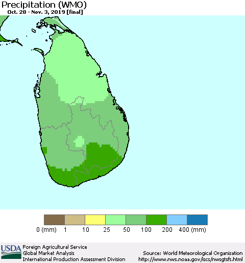 Sri Lanka Precipitation (WMO) Thematic Map For 10/28/2019 - 11/3/2019