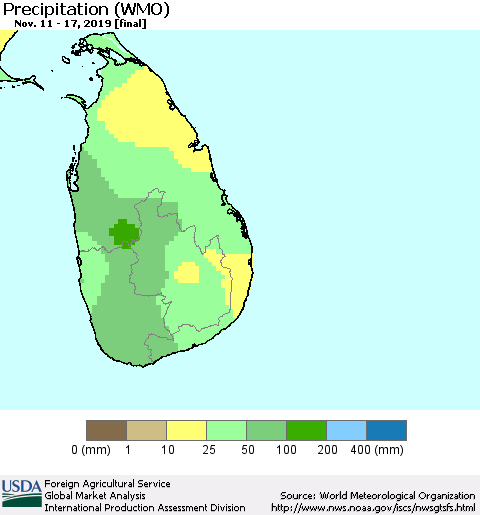 Sri Lanka Precipitation (WMO) Thematic Map For 11/11/2019 - 11/17/2019