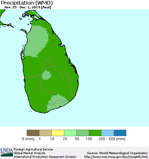 Sri Lanka Precipitation (WMO) Thematic Map For 11/25/2019 - 12/1/2019