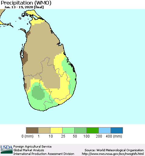Sri Lanka Precipitation (WMO) Thematic Map For 1/13/2020 - 1/19/2020