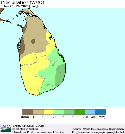 Sri Lanka Precipitation (WMO) Thematic Map For 1/20/2020 - 1/26/2020