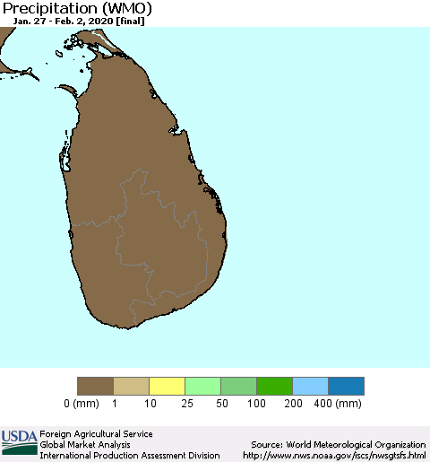 Sri Lanka Precipitation (WMO) Thematic Map For 1/27/2020 - 2/2/2020