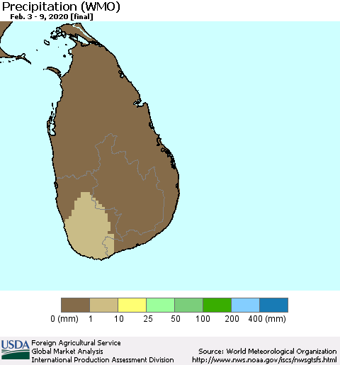 Sri Lanka Precipitation (WMO) Thematic Map For 2/3/2020 - 2/9/2020