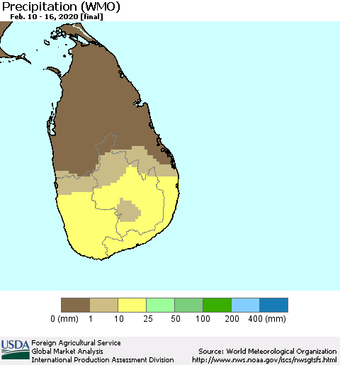 Sri Lanka Precipitation (WMO) Thematic Map For 2/10/2020 - 2/16/2020