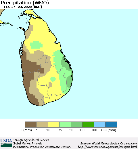 Sri Lanka Precipitation (WMO) Thematic Map For 2/17/2020 - 2/23/2020
