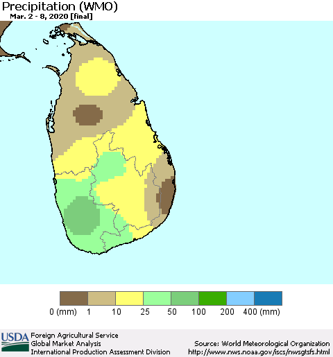 Sri Lanka Precipitation (WMO) Thematic Map For 3/2/2020 - 3/8/2020