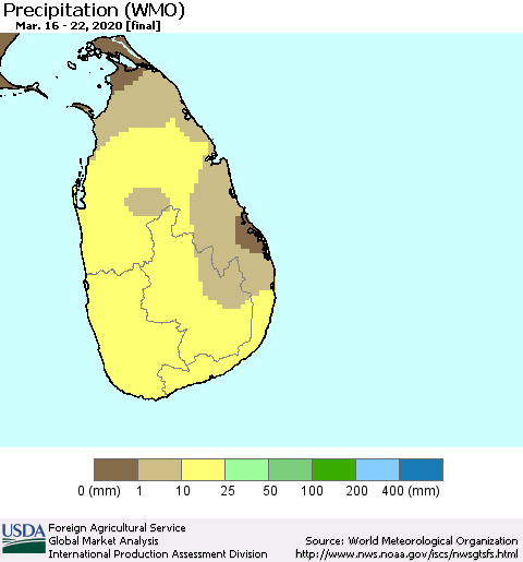Sri Lanka Precipitation (WMO) Thematic Map For 3/16/2020 - 3/22/2020