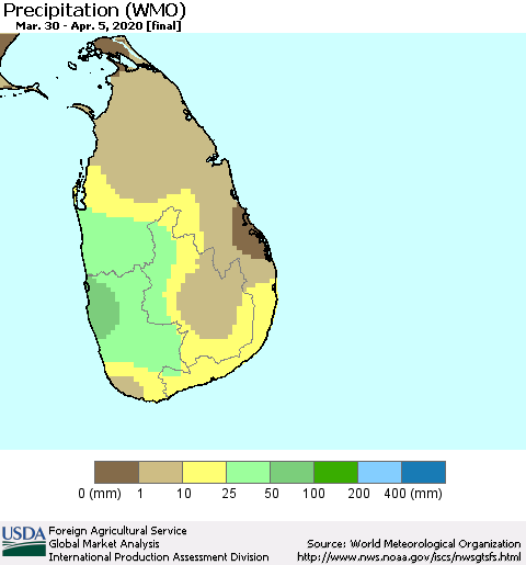 Sri Lanka Precipitation (WMO) Thematic Map For 3/30/2020 - 4/5/2020